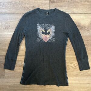 Lucky Brand Winged Heart Graphic Thermal Top Women M Waffle Knit Long Sleeve